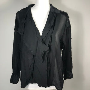 Escada Sheer Black Silk Blouse w/ Studded Detail